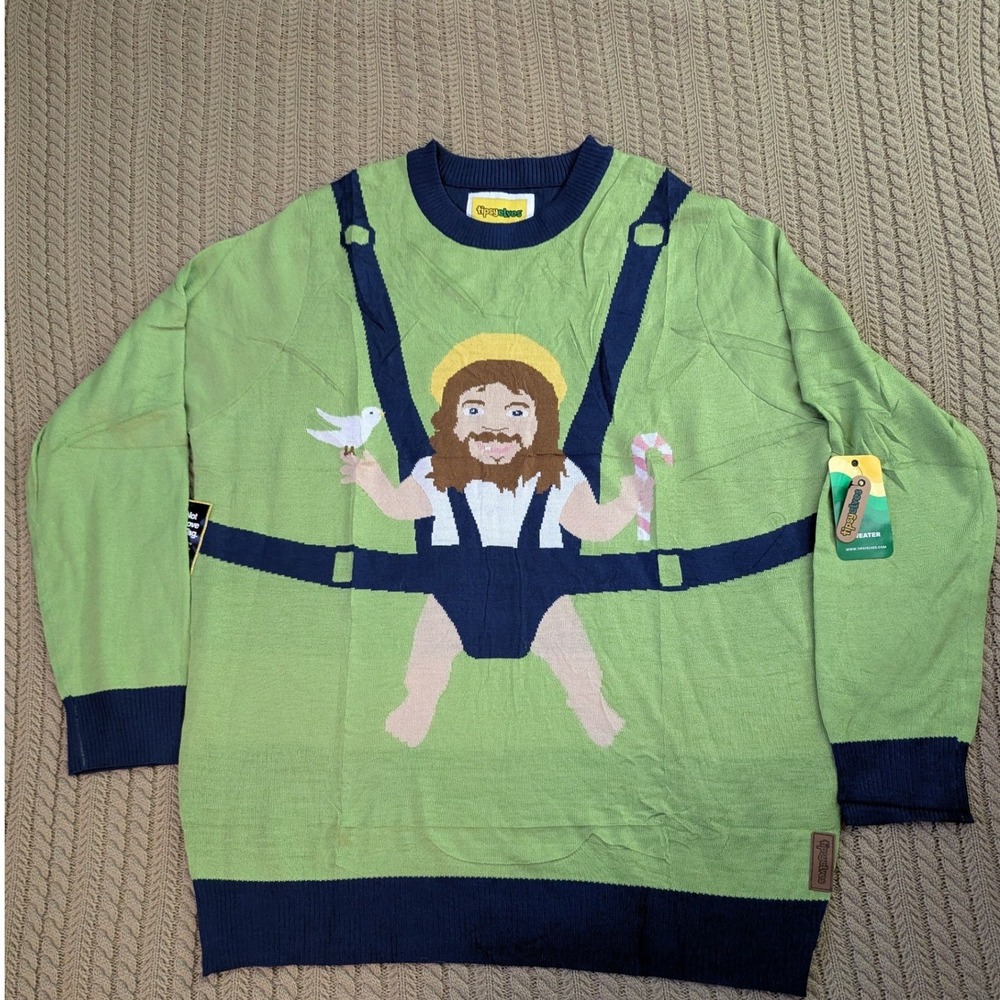 Tipsy Elves Mens Sweet Baby Jesus Ugly Christmas Sweater Green XXL NWT